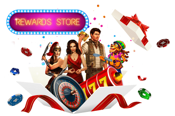 4 Animated Characters on top of roulette and slot animations with chips flying around them. On the top left reward store offer to Ted Casino.