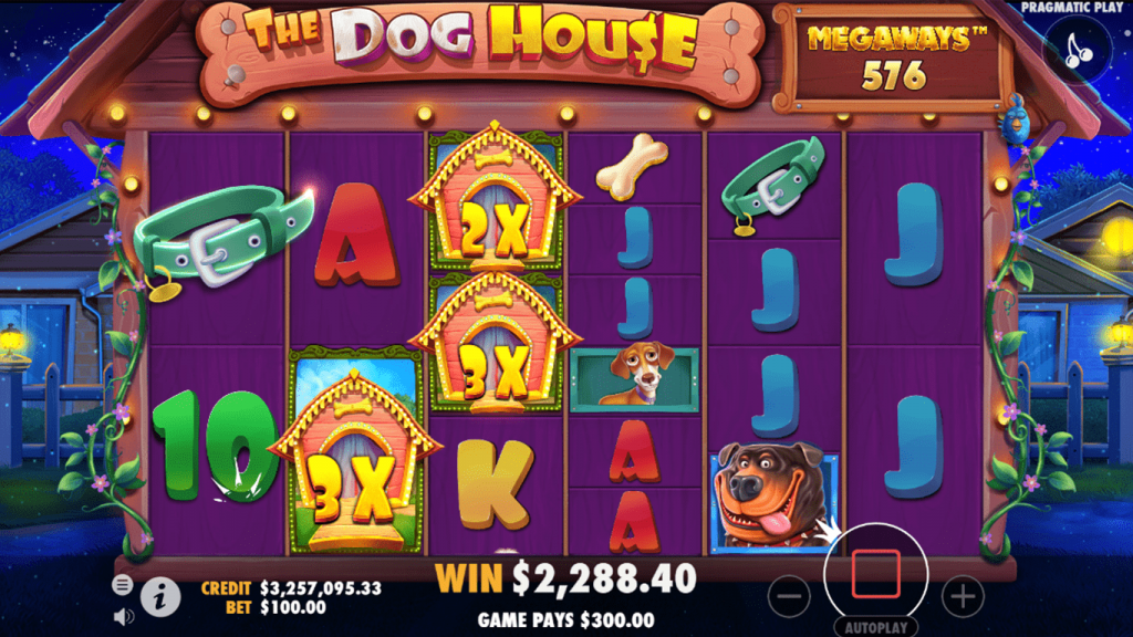 Dog House Megaways Slot Gameplay screen with 6 reels and 7 rows